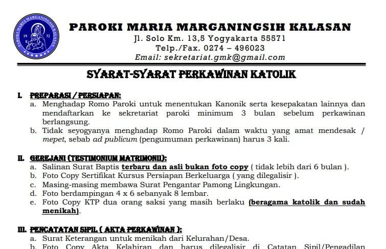 Syarat Pernikahan Katolik Paroki Maria Marganingsih Kalasan